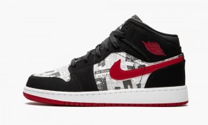 Nike Air Jordan 1 MID SE (GS) 'Newspaper' Skor Barn Svarta Röda Vita | 852-ZHSFML