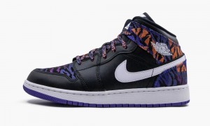 Nike Air Jordan 1 MID SE (GS) 'Tiger Print' Skor Barn Svarta Vita Lila | 432-VAIPCK