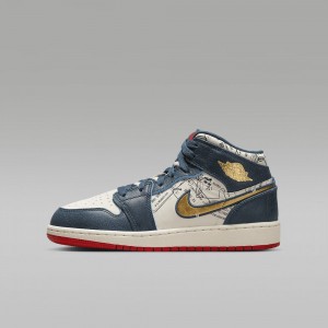 Nike Air Jordan 1 MID SE Skor Barn Vita Blå | 941-KBIZEF