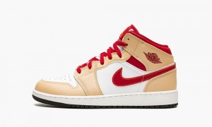 Nike Air Jordan 1 Mid GS 'Beige / Red' Skor Barn Vita Mörkgula | 679-FHILKO