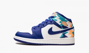 Nike Air Jordan 1 Mid GS 'Geometric Print' Skor Barn Vita Blå | 357-GEPXBV