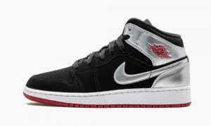 Nike Air Jordan 1 Mid (GS) Skor Barn Svarta Röda Metal Silver | 653-QZCUVT