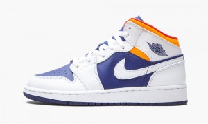 Nike Air Jordan 1 Mid GS 'White Deep Royal Blue' Skor Barn Vita Orange | 035-LJMFVU