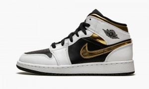 Nike Air Jordan 1 Mid GS 'White / Gold / Black' Skor Barn Vita Svarta | 340-YUKETD