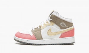 Nike Air Jordan 1 Mid 'Pastel Vivid Green Grind' Skor Barn Vita Gröna Rosa Bruna | 921-CGPXKW