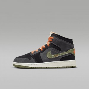 Nike Air Jordan 1 Mid SE Craft Skor Barn Mörkgrå Svarta Blå Ljusolivgröna | 761-RIYSUC