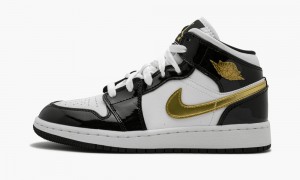 Nike Air Jordan 1 Mid SE (GS) 'Black Gold Lack Läder' Skor Barn Svarta Metal Guld Vita | 642-TFVPZJ