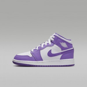 Nike Air Jordan 1 Mid Skor Barn Lila Vita | 072-HMOCPK