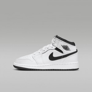 Nike Air Jordan 1 Mid Skor Barn Vita Svarta | 046-OMSFAI