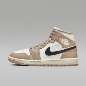 Nike Air Jordan 1 Mid Skor Dam Khaki Svarta Vita | 749-MURXTP