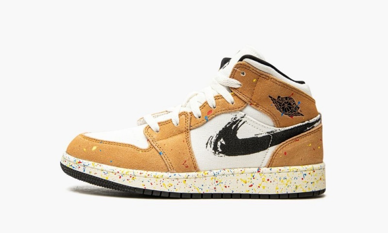 Nike Air Jordan 1 Mid SE GS \'Brushstroke\' Skor Barn Vita Röda Bruna | 451-ANIKHR